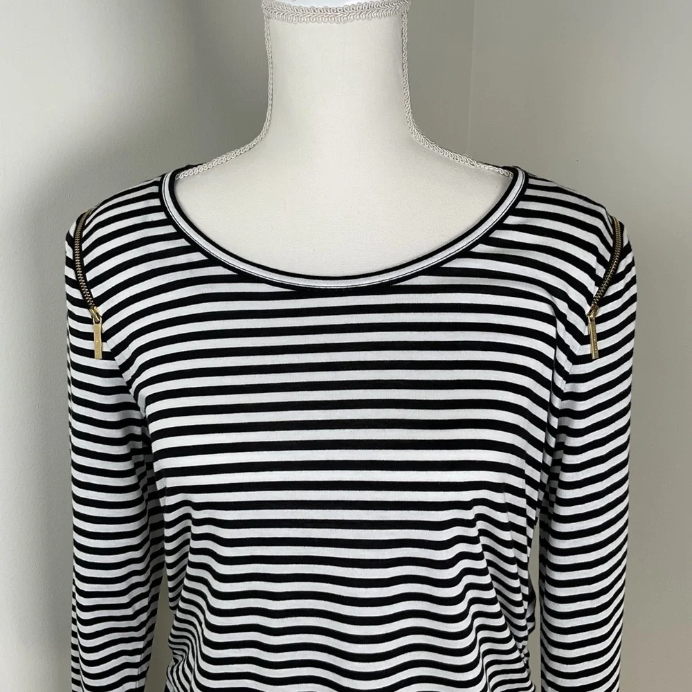 Michael Kors Womens Multi Striped Ruched Knit Zipped Shoulder 3/4 Sleeve Top LRG
